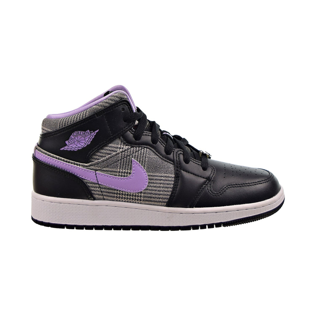 Air Jordan 1 Mid SE "Houndstooth" Big Kids' Shoes Black-Lilac-Metallic Silver