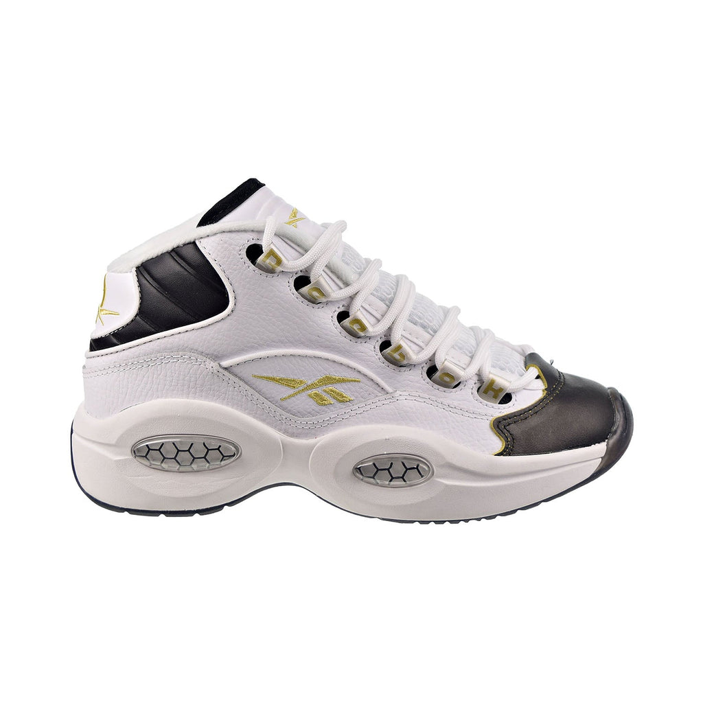 Reebok Question Mid "Black Toe" Big Kids' Shoes White-Black-Gold Met