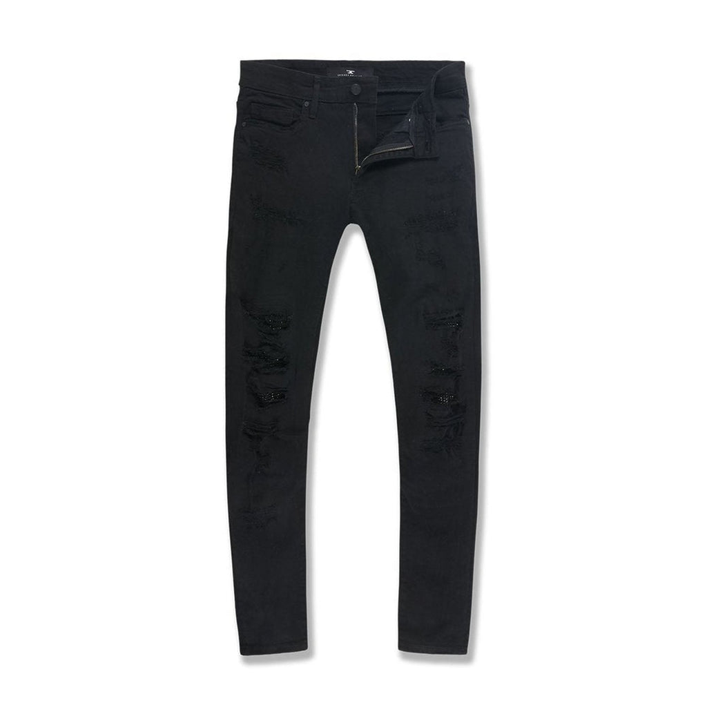 Jordan Craig Rhinestones Under Shreds Men's Denim Jean Pants Jet Black