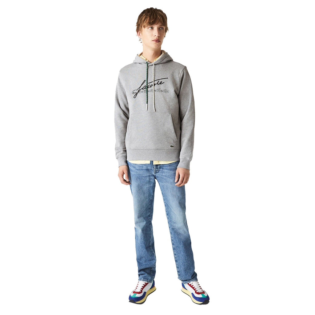 Lacoste Men's Signature Hooded Flecked Cotton Fleece Men's Hoodie Grey Chine